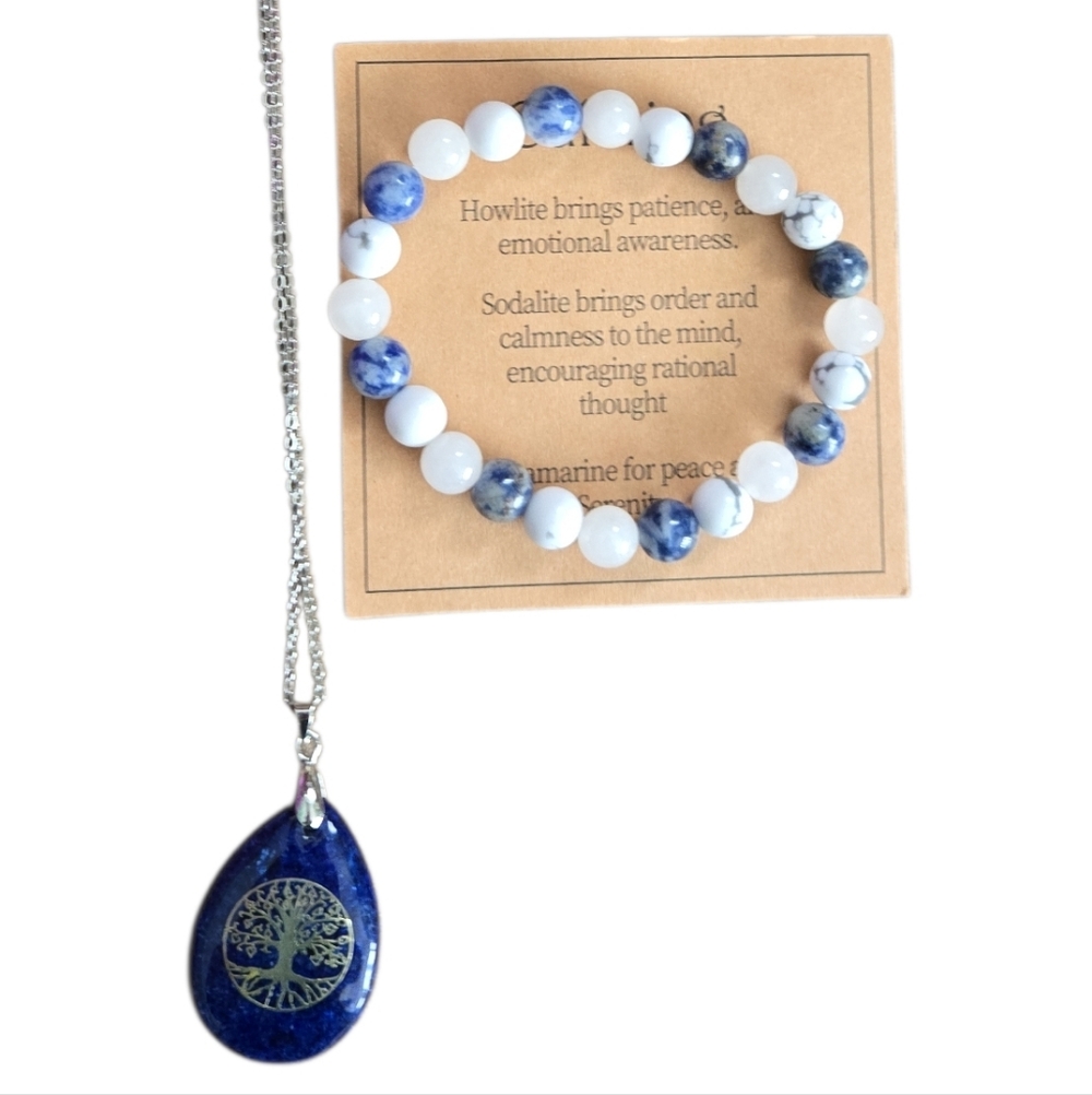 Blue and White Beaded Bracelet and Tree Of Life Pendant Necklace Set